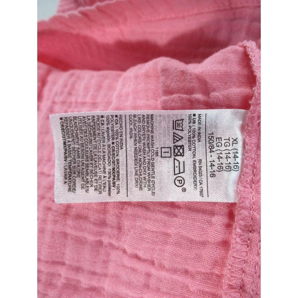 Old Navy Girls Pink Crinkle Gauze Embroidered Floral Long Sleeve Dress XL 14-16